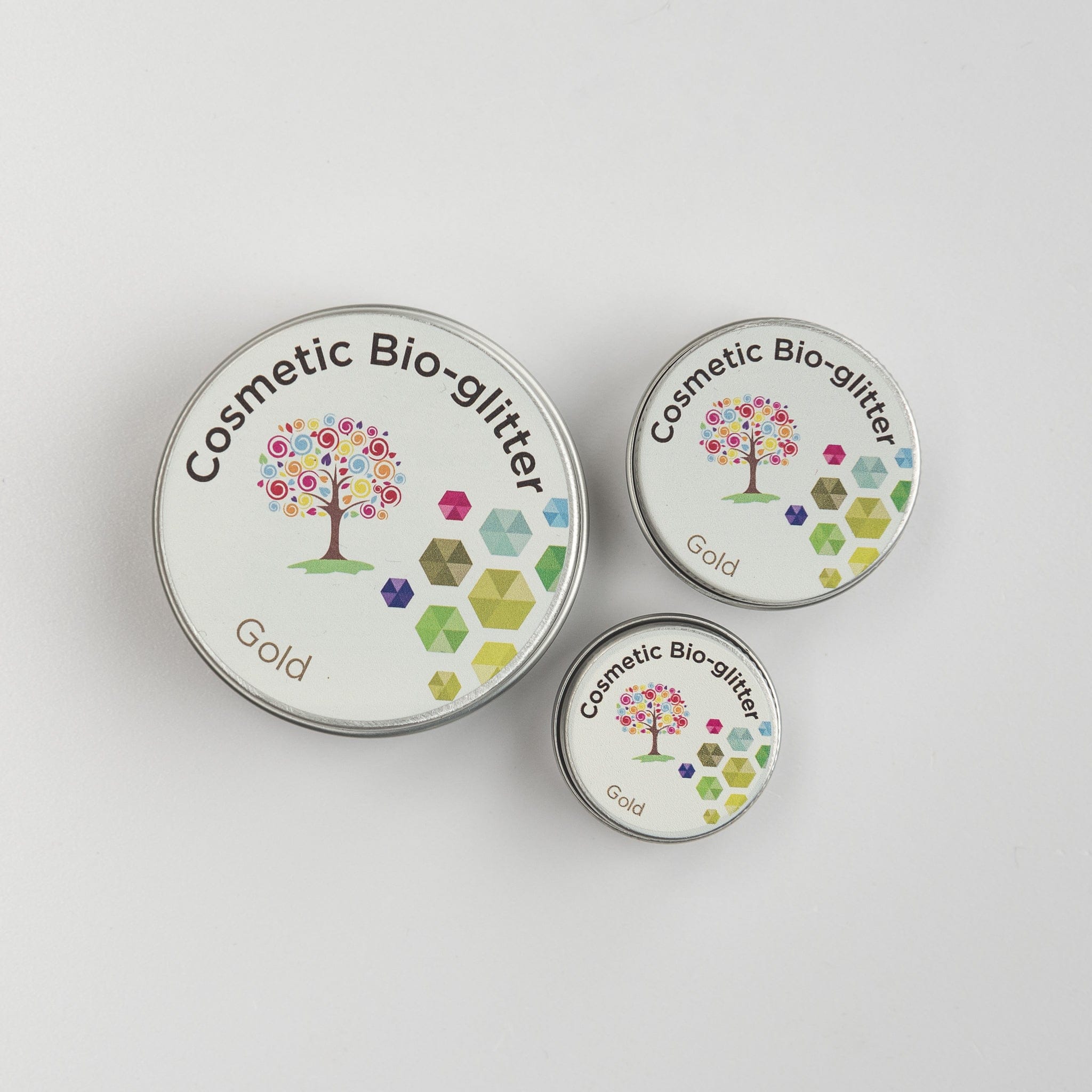 The Glitter Tree Gold biodegradable cosmetic glitter pots in 2.5g, 5g and 15g sizes
