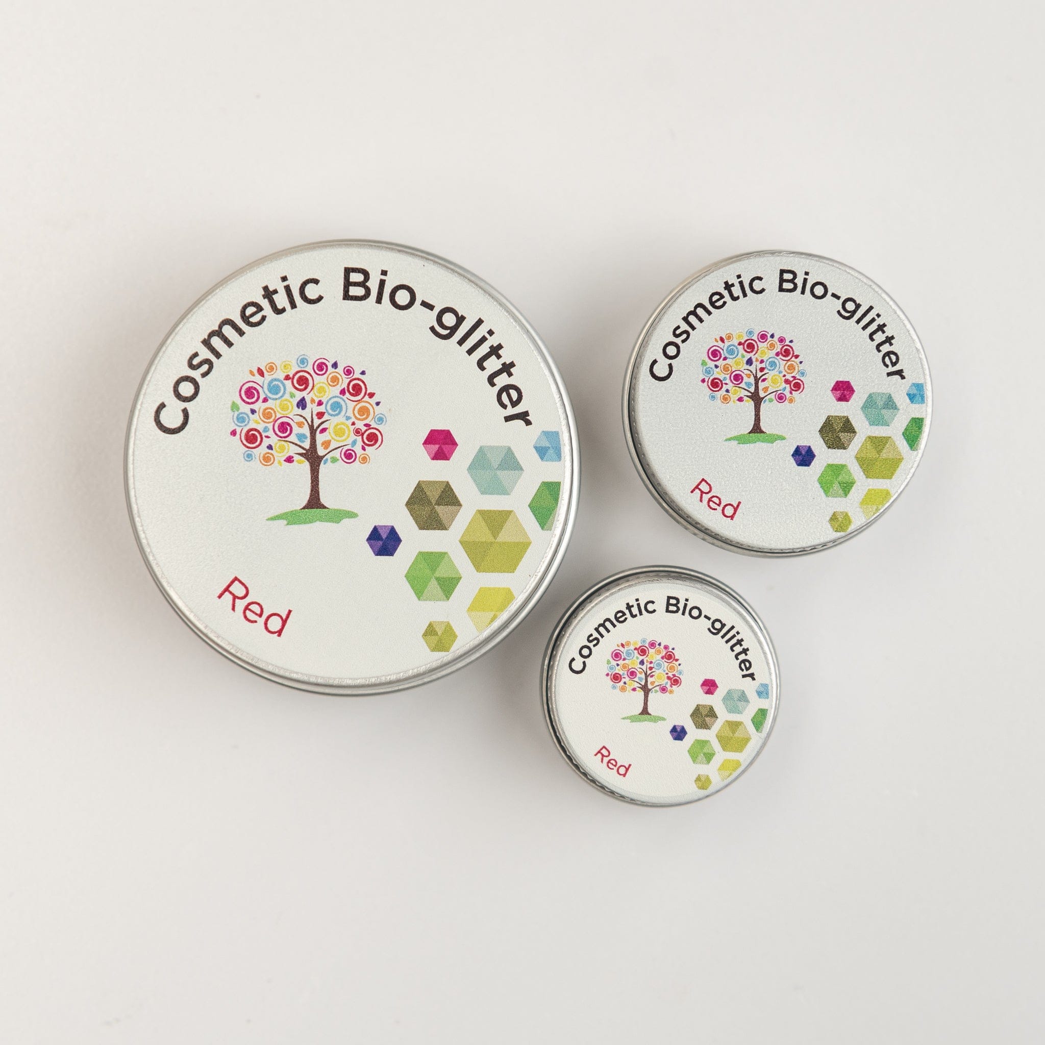 The Glitter Tree Red biodegradable cosmetic glitter pots in 2.5g, 5g and 15g sizes
