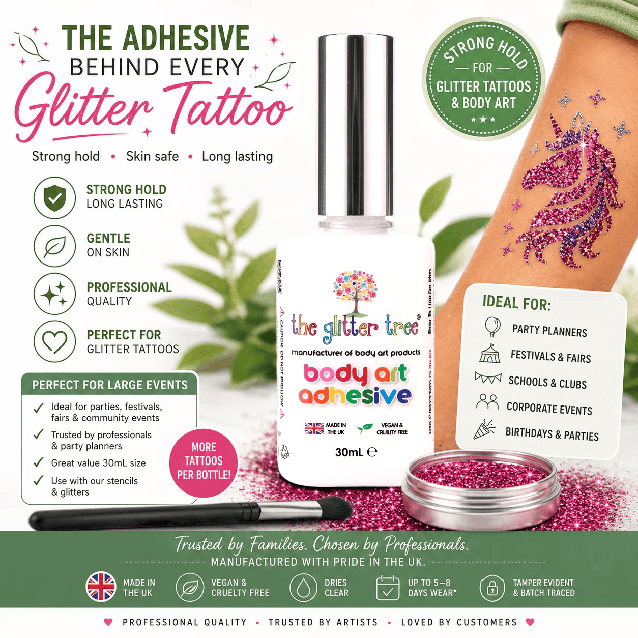 A 30mL bottle of The Glitter Tree body art adhesive