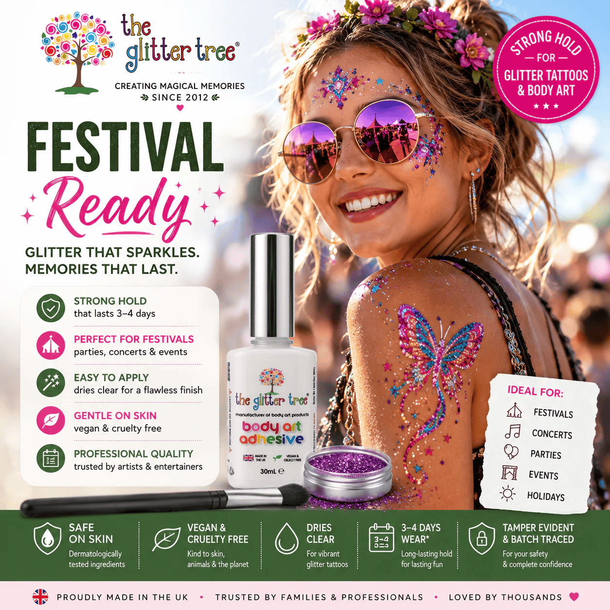 The Glitter Tree body art adhesive used as festival glitter face glue