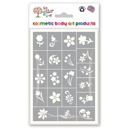 Flowers Glitter Tattoo Stencil Sheets - 3 sheets in each pack - 20 individual mixed mini designs on each sheet - 60 stencils in total