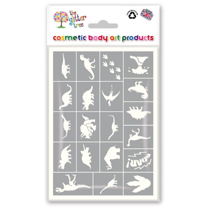Dinosaurs Glitter Tattoo Stencil Sheets - x 3 sheets in each pack - 20 individual mixed mini designs on each sheet - 60 stencils in total