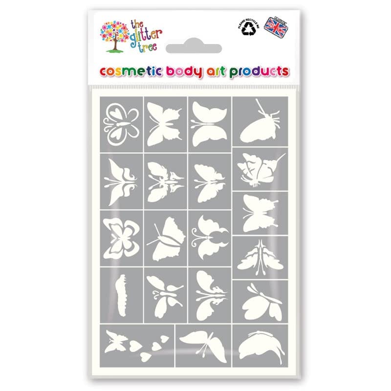 Butterfly Glitter Tattoo Stencil Sheets - x 3 sheets in each pack - 20 individual mixed mini designs on each sheet - 60 stencils in total