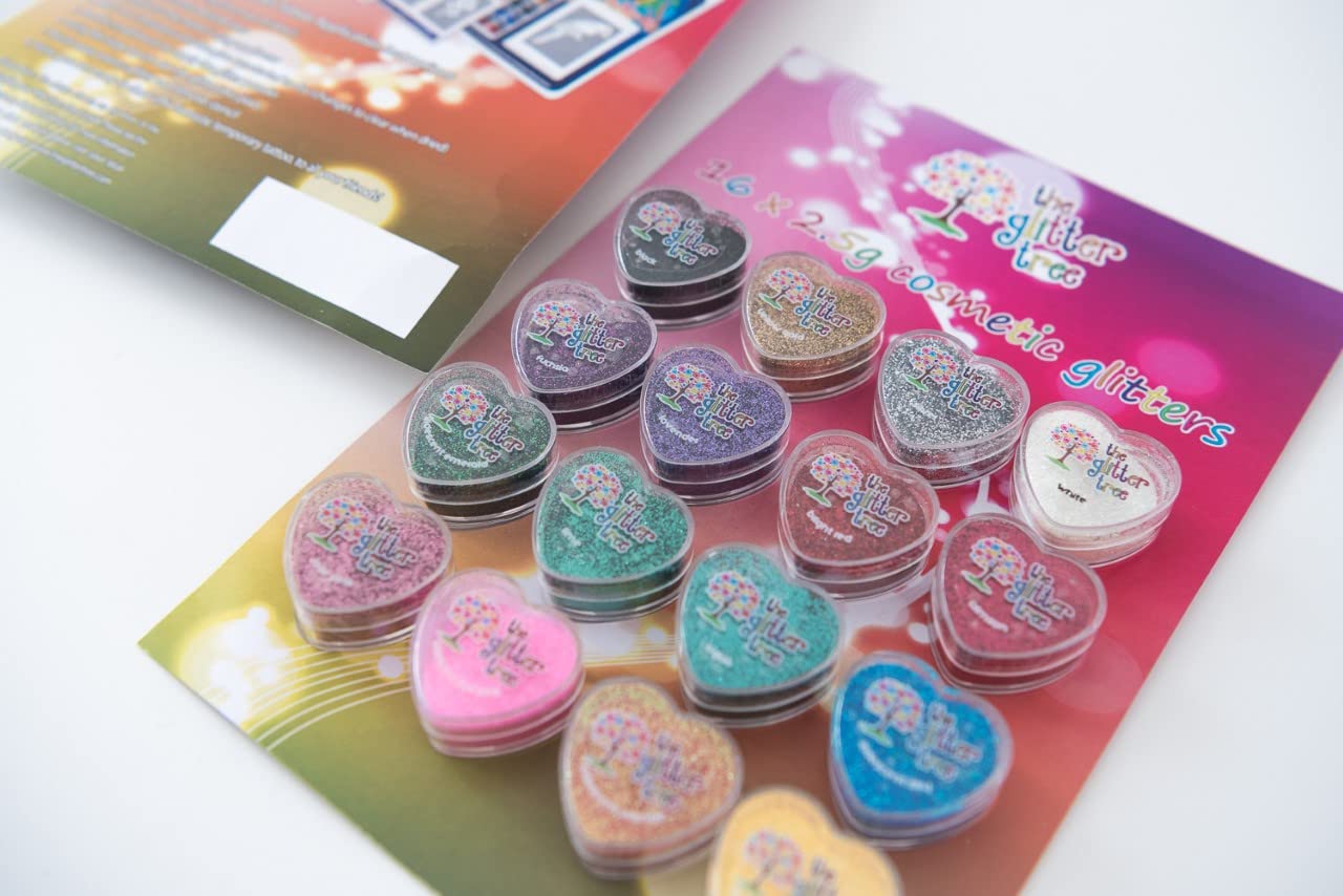 Pack of 16 x 2.5g pure cosmetic glitters, in beautiful and fun heart shaped pots.