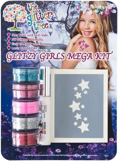 Glitzy Girls glitter tattoo kit. Great value 36 stencil mega party pack.