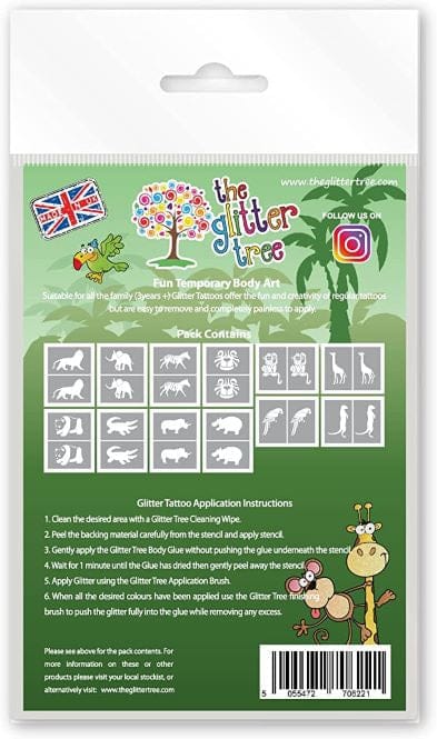 Jungle animal friends themed glitter tattoo stencils.