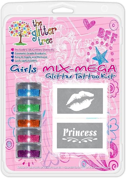 Girls fun mega glitter tattoo kit. Great value 36 stencil mega party pack.