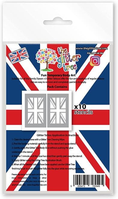 Union Jack themed glitter tattoo stencils.