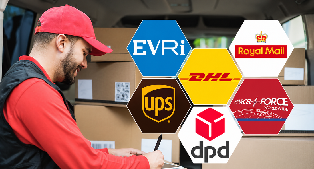 Delivery driver checking parcels in a van, with courier logos including Royal Mail, Evri, UPS, DHL, DPD and Parcelforce