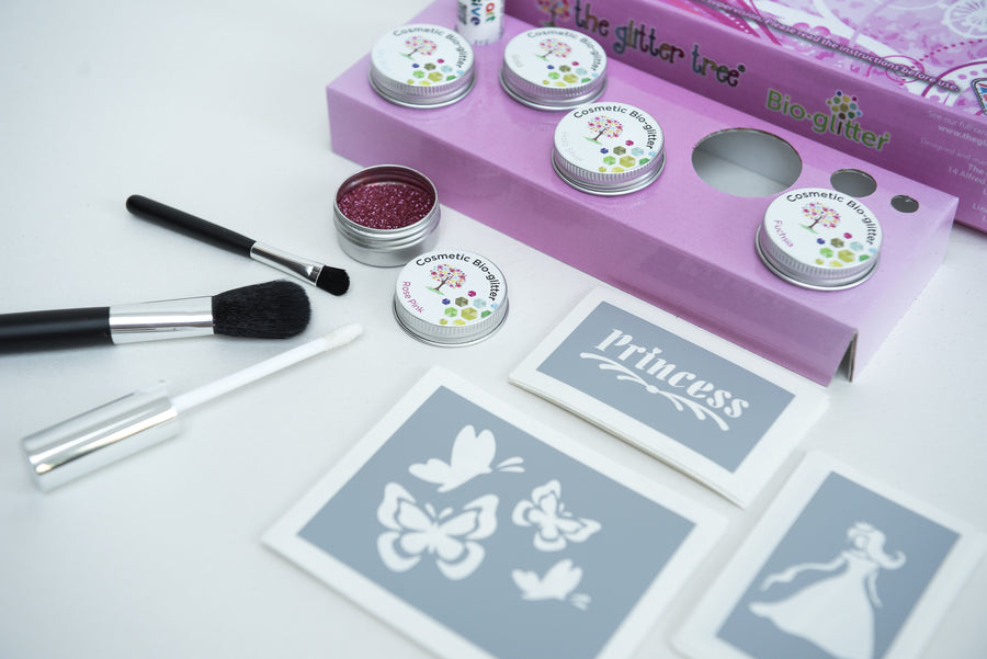 Introducing our sleek and newly designed Perfect Princess Biodegradable Glitter Tattoo Deluxe Kit