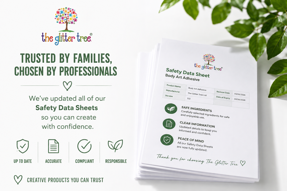 The Glitter Tree Safety First Always graphic announcing updated Body Art Adhesive Safety Data Sheet