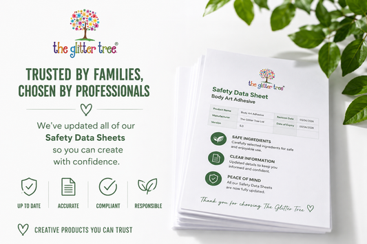 The Glitter Tree Safety First Always graphic announcing updated Body Art Adhesive Safety Data Sheet