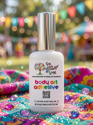 Bottle of body art adhesive with colorful background