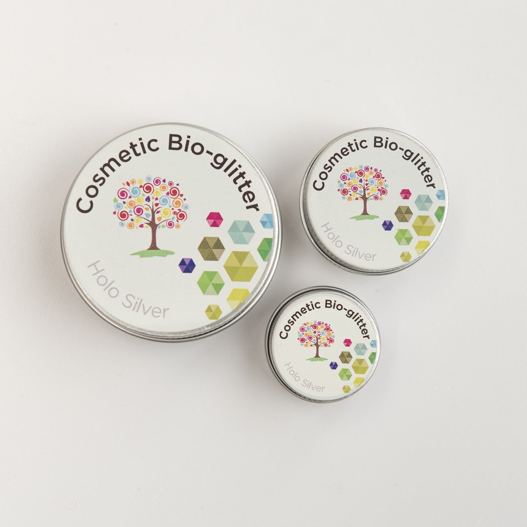 The Glitter Tree Holo Silver biodegradable cosmetic glitter pots in 2.5g, 5g and 15g sizes