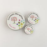 The Glitter Tree Rose Pink biodegradable cosmetic glitter tins in 2.5g, 5g and 15g sizes