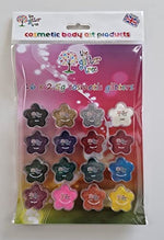 Pack of 16 x 2.5g pure cosmetic glitters in fun star shaped pots.