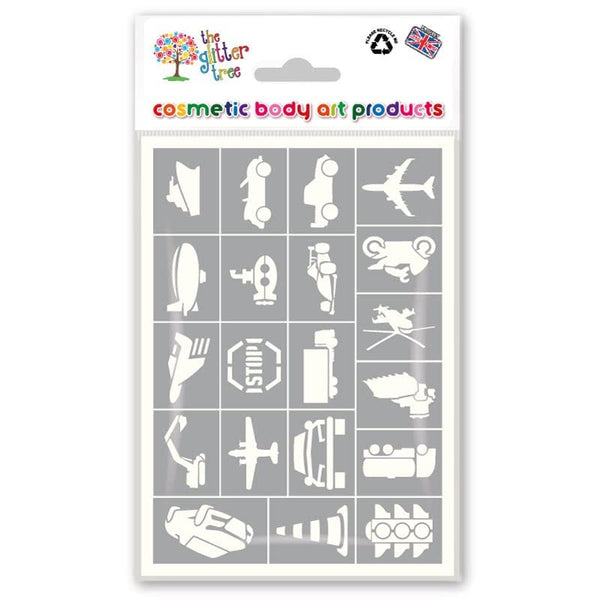 Transport Glitter Tattoo Stencil Sheets - 3 sheets in each pack - 20 individual mixed mini designs on each sheet - 60 stencils in total