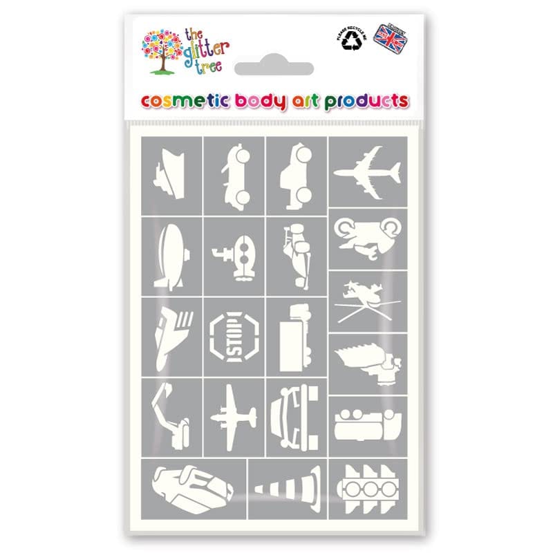 Transport Glitter Tattoo Stencil Sheets - x 3 sheets in each pack - 20 individual mixed mini designs on each sheet - 60 stencils in total
