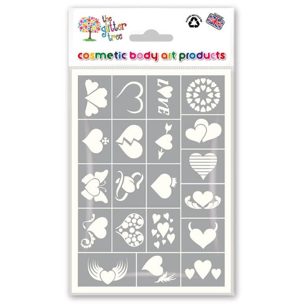 Hearts Glitter Tattoo Stencil Sheets - 3 sheets in each pack - 20 individual mixed mini designs on each sheet - 60 stencils in total