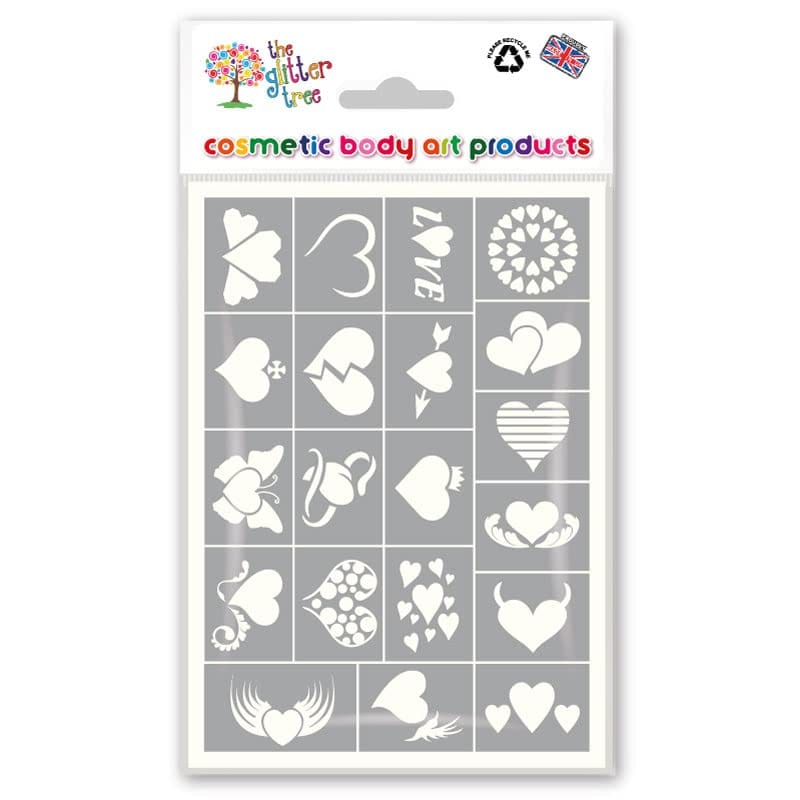 Heart Glitter Tattoo Stencil Sheets - x 3 sheets in each pack - 20 individual mixed mini designs on each sheet - 60 stencils in total