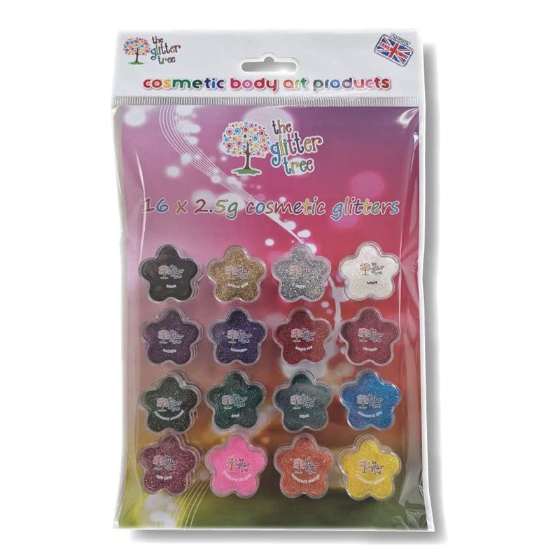 Pack of 16 x 2.5g pure cosmetic glitters in fun star shaped pots.