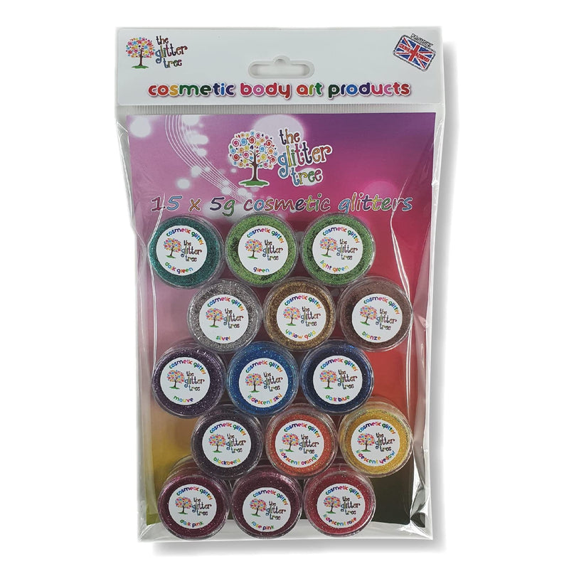 Pack of 15 x 5g pure cosmetic glitters in round pots.