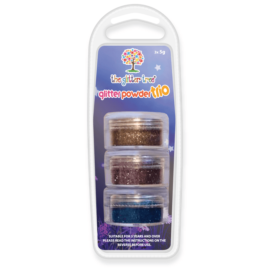 Gold, Rose and Blue Cosmetic Glitter Trio, three 5g pots of cosmetic glitter in a blister pack
