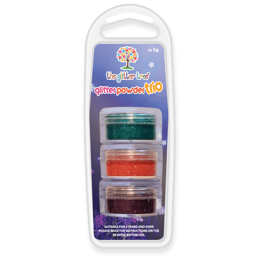 Green, Orange and Purple Cosmetic Glitter Trio, three 5g pots of cosmetic glitter in a blister pack