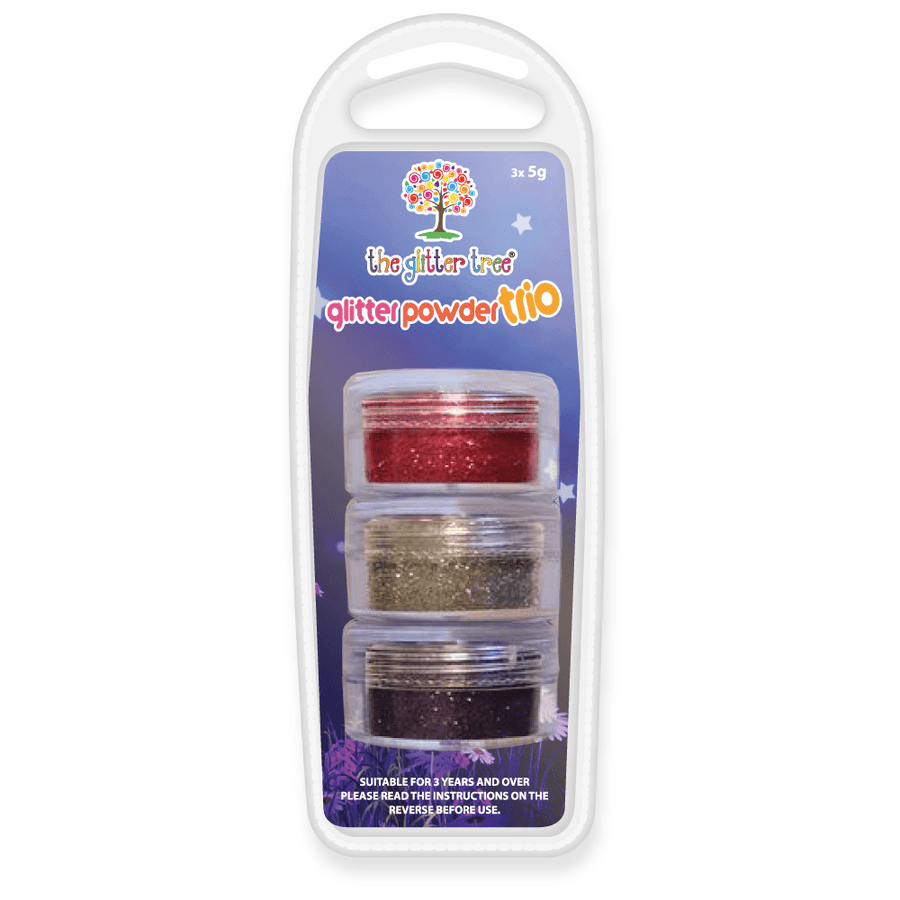 Red, Silver and Purple Cosmetic Glitter Trio, three 5g pots of cosmetic glitter in a blister pack