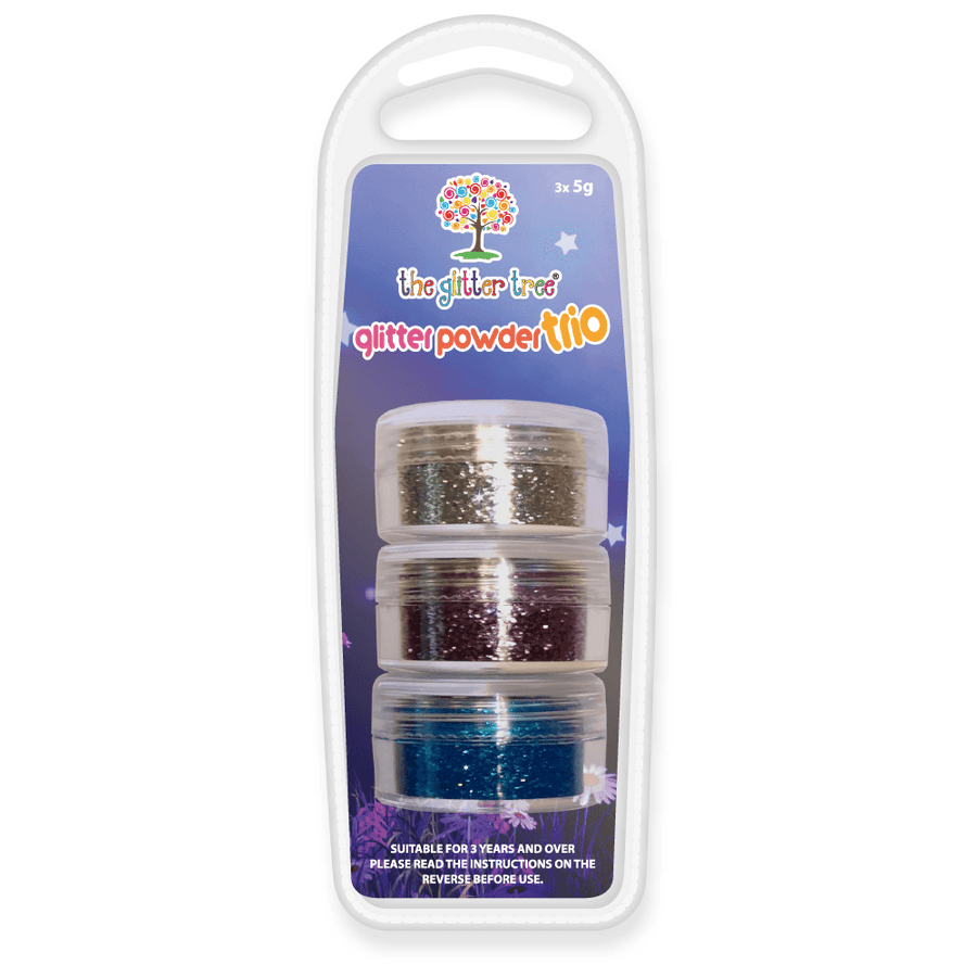Silver, Purple and Blue Cosmetic Glitter Trio, three 5g pots of cosmetic glitter in a blister pack