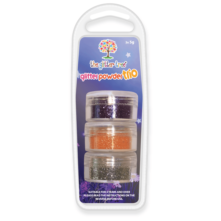 Purple, Orange and Silver Cosmetic Glitter Trio, three 5g pots of cosmetic glitter in a blister pack