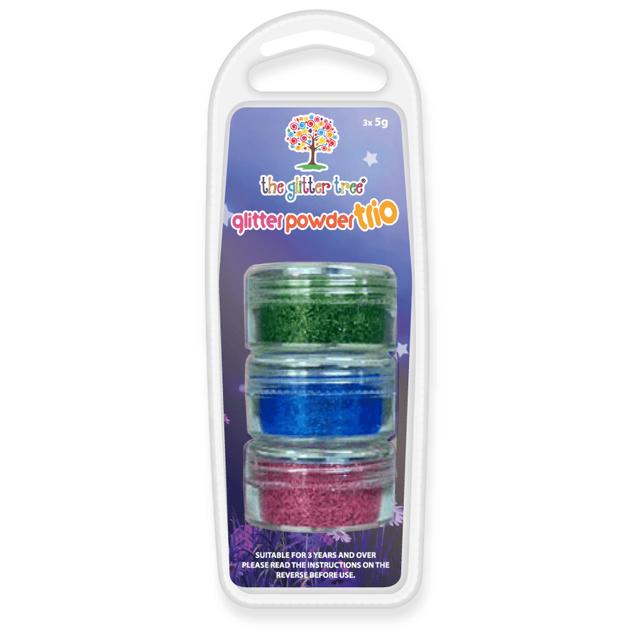 Green, Blue and Pink Cosmetic Glitter Trio, three 5g pots of cosmetic glitter in a blister pack