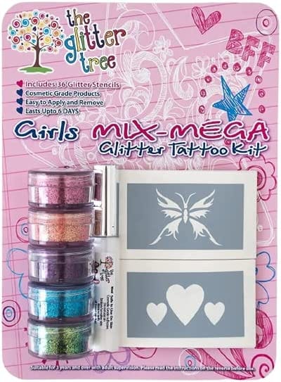 Girls fun mega glitter tattoo kit. Great value 36 stencil mega party pack.